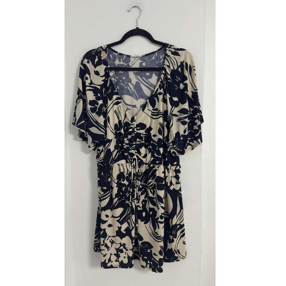 Floral Babydoll‎ Dress Plus Size 2XL Navy Cream Ruched Empire Boho SPLA